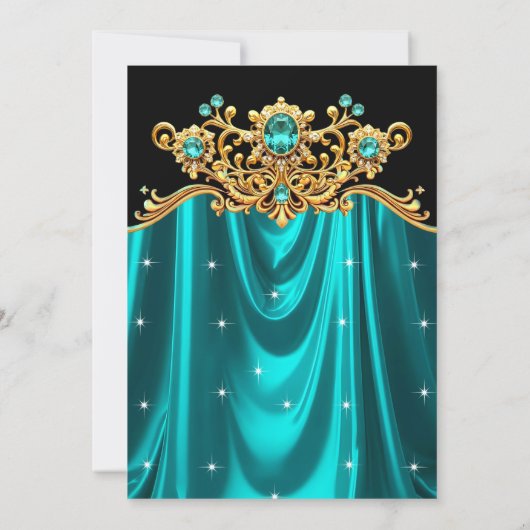 Invitation Elegant Birthday Party Teal Blue Silk Gold Gems (Dos)