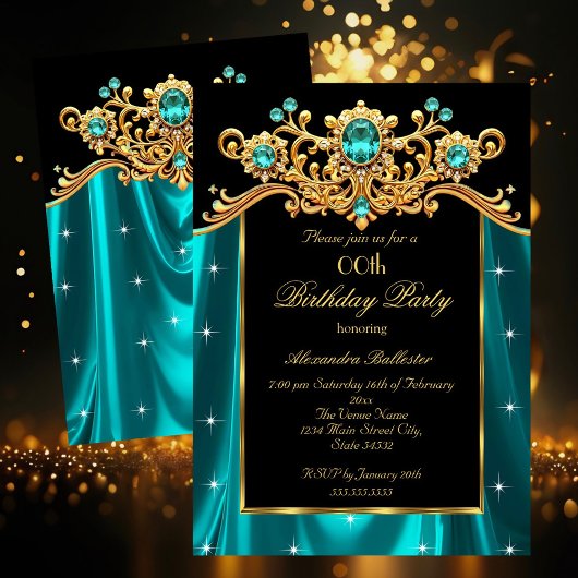 Invitation Elegant Birthday Party Teal Blue Silk Gold Gems