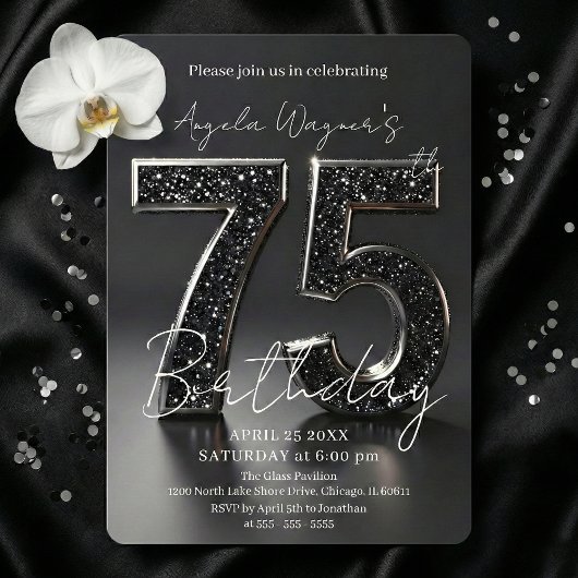 Invitation Elegant Black 3D Glitter Sparkle 75th Birthday