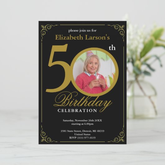 Invitation Elégant Black and Gold 50e anniversaire (Debout devant)