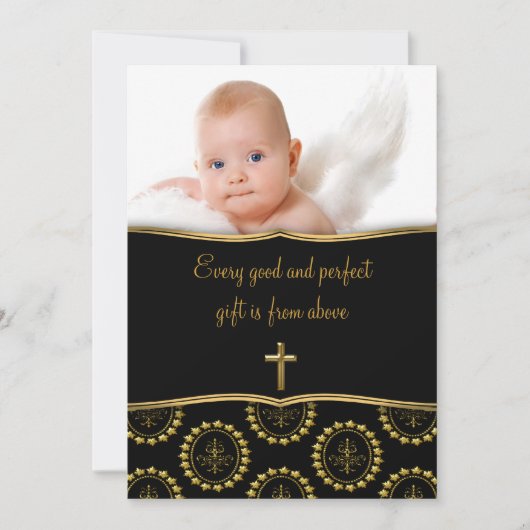 Invitation Elégant Black and Gold Baby Photo Christening (Devant)