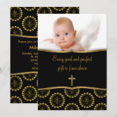 Invitation Elégant Black and Gold Baby Photo Christening (Devant / Derrière)