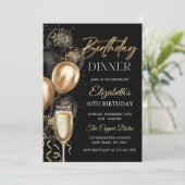 Invitation Elegant Black and Gold Balloons Birthday Dinner (Debout devant)