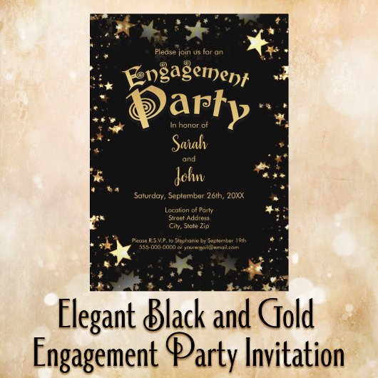 Invitation Élégant Black and Gold Engagement Party