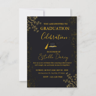 Invitation Elegant Black and Gold Floral Graduation Party