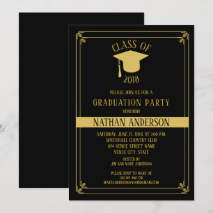 Invitation Élégant Black and Gold Frame Graduation Party  
