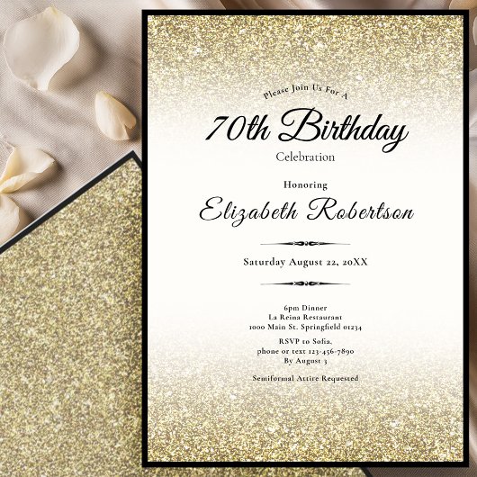 Invitation Elegant Black and Gold Glitter 70th Birthday 