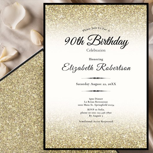 Invitation Elegant Black and Gold Glitter 90th Birthday 
