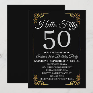Invitation Elegant Black and Gold Hello 50th For Women 