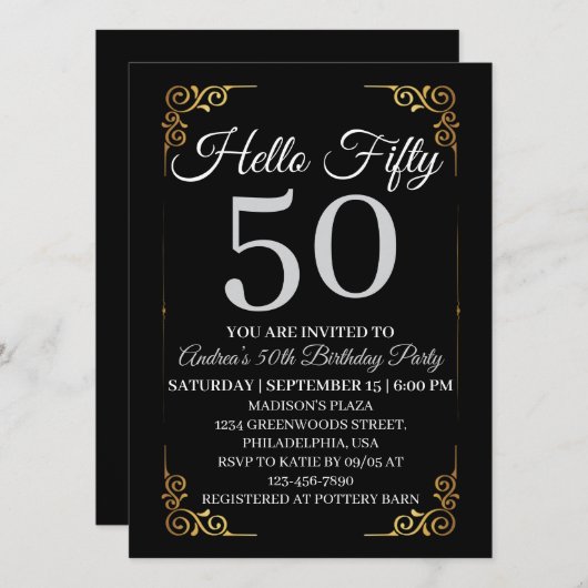 Invitation Elegant Black and Gold Hello 50th For Women (Devant / Derrière)
