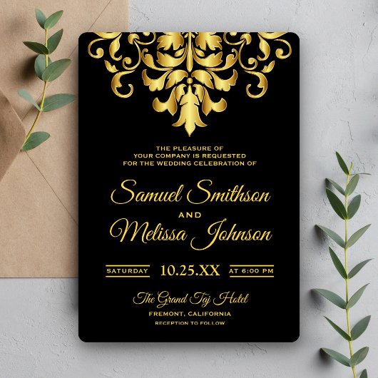 Invitation Elegant Black and Gold Mariage damassé