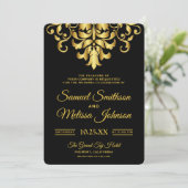 Invitation Elegant Black and Gold Mariage damassé (Debout devant)