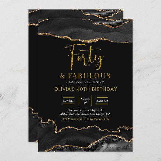 Invitation Elégant Black and Gold Quarty et Fabulous (Devant / Derrière)