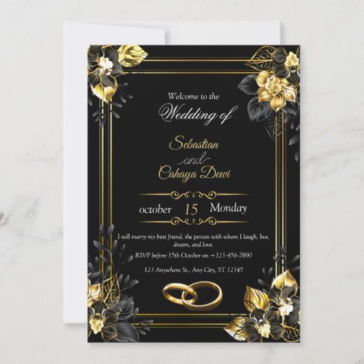 Invitation Elegant black and gold summer wedding (Devant)