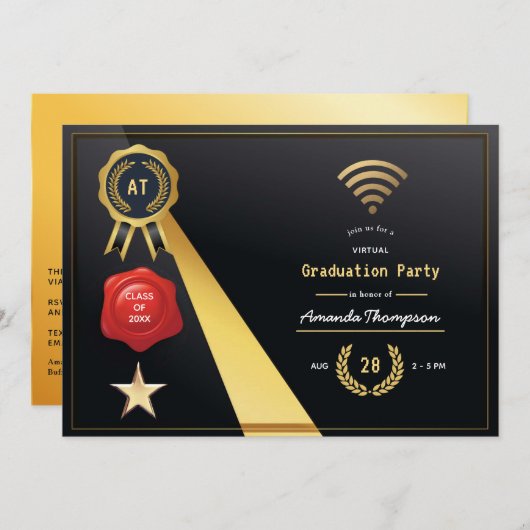 Invitation Élégant Black and Gold Virtual Graduation Party (Devant / Derrière)