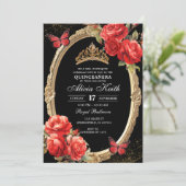 Invitation Elegant Black and Red Roses Gold Quinceanera (Debout devant)