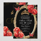 Invitation Elegant Black and Red Roses Gold Quinceanera (Devant / Derrière)