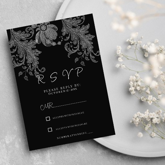 Invitation  Elegant black and white floral lace RSVP