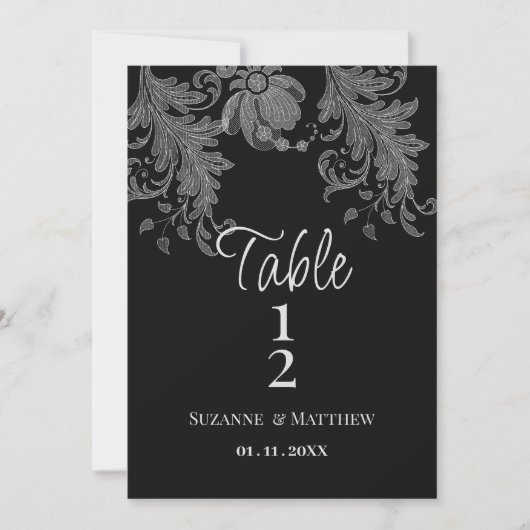 Invitation Elegant black and white floral lace Table Numbers (Devant)