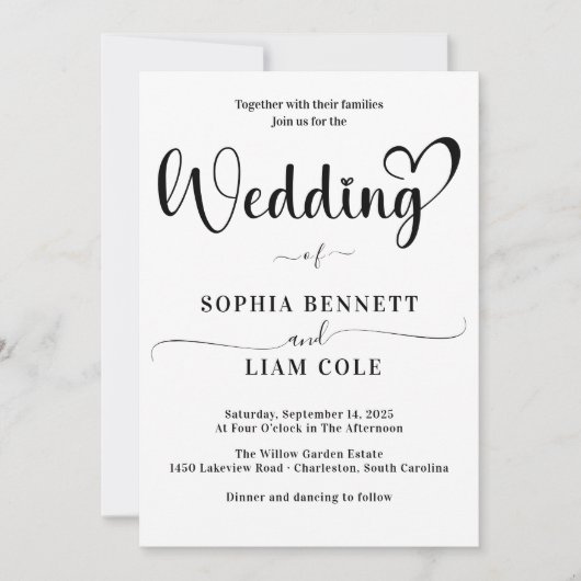 Invitation Elegant Black and White Heart Script Wedding  (Devant)