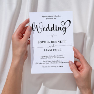 Invitation Elegant Black and White Heart Script Wedding 