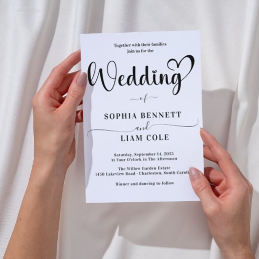 Invitation Elegant Black and White Heart Script Wedding 