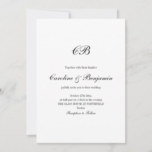 Invitation Elegant Black and White Script Monogram Wedding (Devant)
