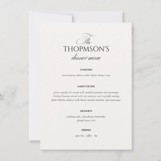 Invitation Elegant Black and White Wedding Menu Card (Devant)