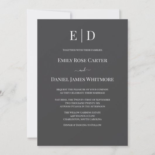 Invitation Elegant Black and White Wedding  Modern Monogram (Devant)