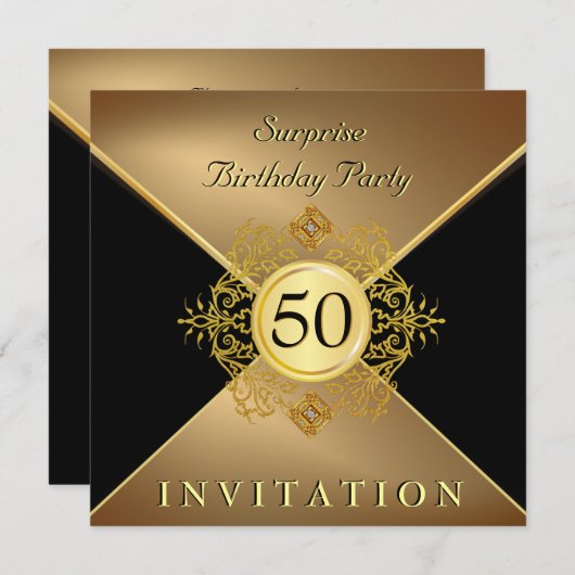 Invitation Élégant Black Black 50e anniversaire Surprise Part (Devant / Derrière)