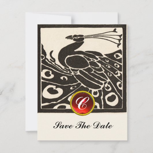 INVITATION ÉLÉGANT BLACK BLACK PEACOCK, ROUGE RUBY GEM MONOGR (Devant)