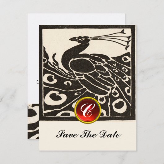 INVITATION ÉLÉGANT BLACK BLACK PEACOCK, ROUGE RUBY GEM MONOGR (Devant / Derrière)