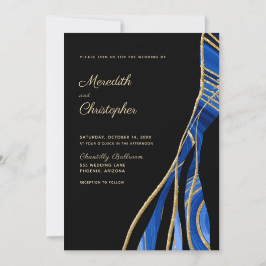 Invitation Élégant Black Blue Gold Agate Mariage (Devant)