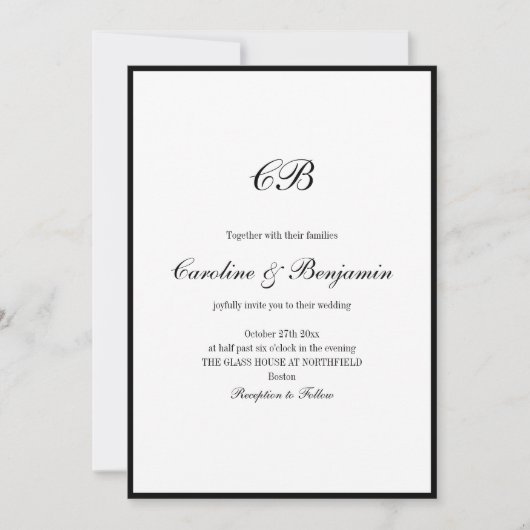Invitation Elegant Black Border White Script Monogram Wedding (Devant)