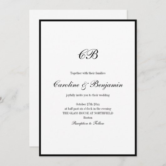 Invitation Elegant Black Border White Script Monogram Wedding (Devant / Derrière)