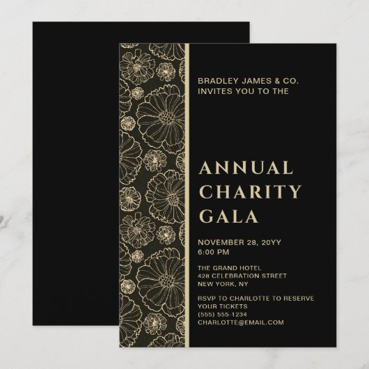 Invitation Élégant Black Botanical Charity Event Gala Party (Devant / Derrière)