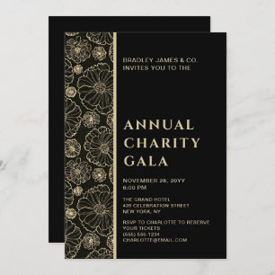 Invitation Élégant Black Botanical Charity Event Gala Party