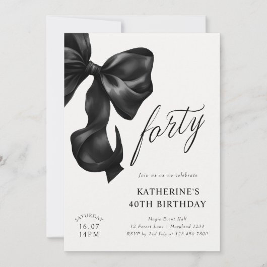 Invitation Elégant Black Bow 40e anniversaire (Devant)