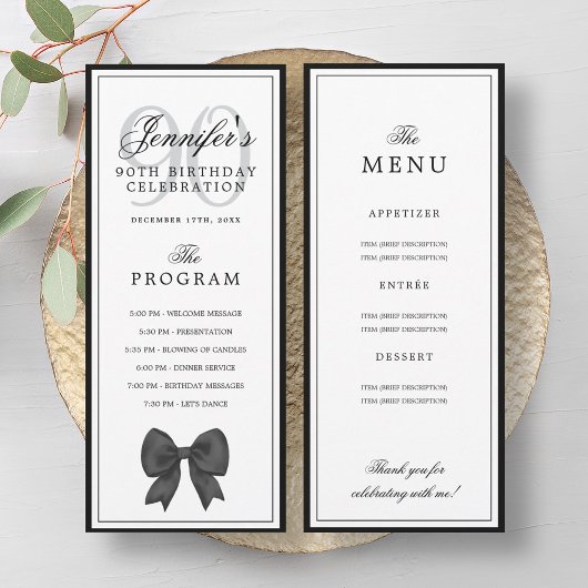 Invitation Elegant Black Bow 90th Birthday Program + Menu