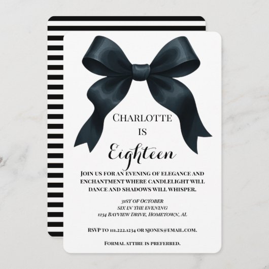 Invitation Elegant Black Bow Birthday Invite - Black Stripe (Devant / Derrière)