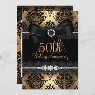Invitation Elégant Black Bow & Damask Gold 50e Anniversaire 2