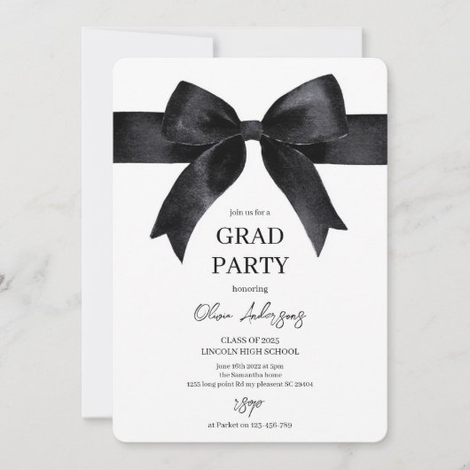 Invitation Élégant Black Bow Graduation Party (Devant)