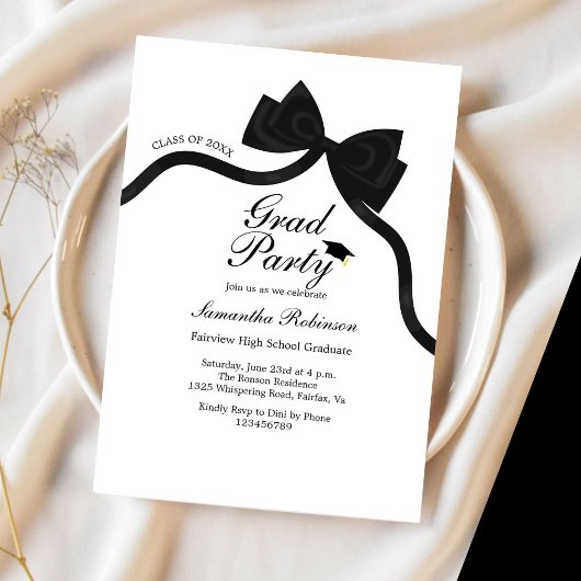 Invitation Élégant Black Bow Graduation Party