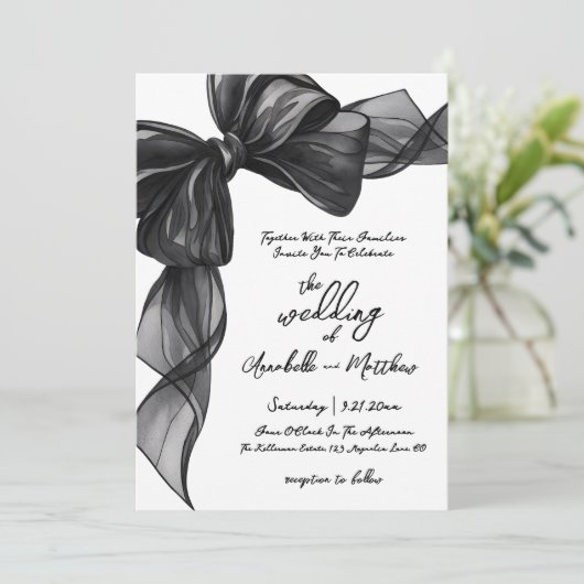 Invitation Elegant Black Bow Whimsical Wedding (Debout devant)
