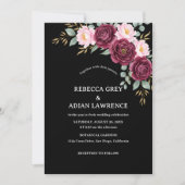 Invitation Elegant Black & Burgundy Pink Floral Wedding  (Devant)