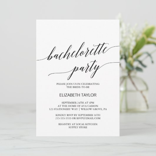 Invitation Élégant Black Calligraphy Bachelorette Party (Debout devant)