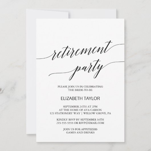 Invitation Élégant Black Calligraphy Retraite Party (Devant)