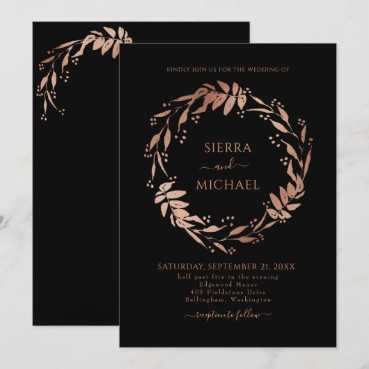 Invitation Élégant Black Chic Rose Gold Wreath Mariage (Devant / Derrière)
