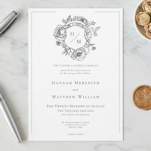 Invitation Elégant Black Chinoiserie Bird & Crest Mariage