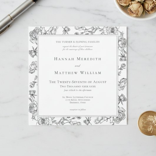 Invitation Elégant Black Chinoiserie Bird & Crest Mariage